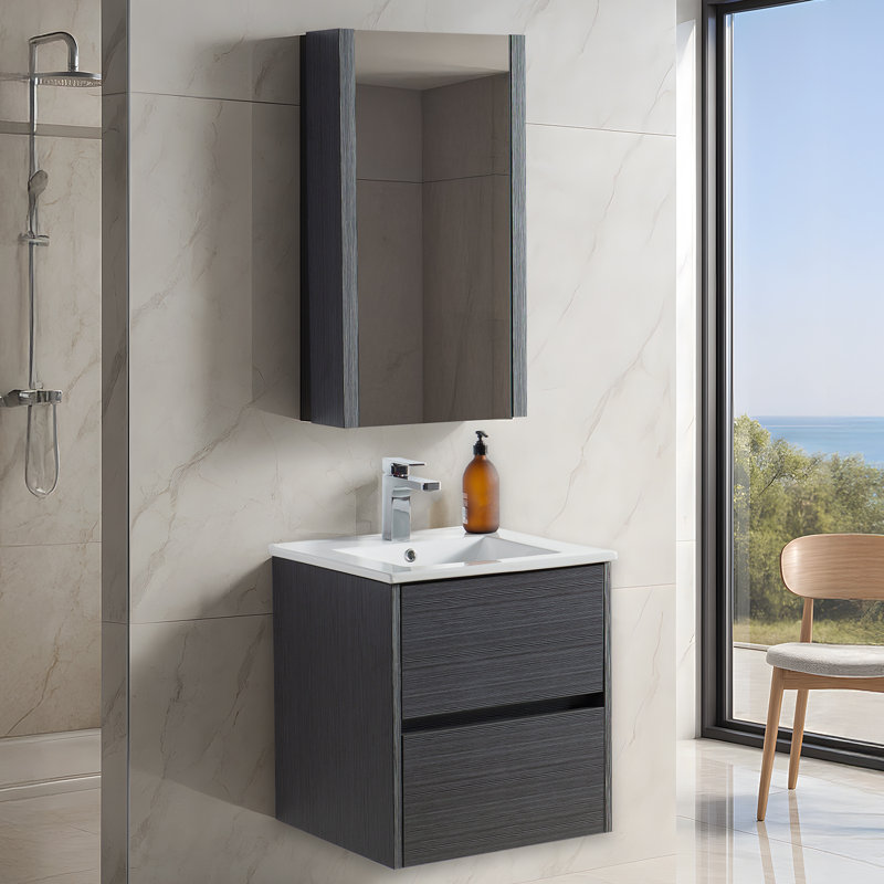 Meuble-lavabo simple 20 po avec lavabo en céramique et miroir, Gris argenté