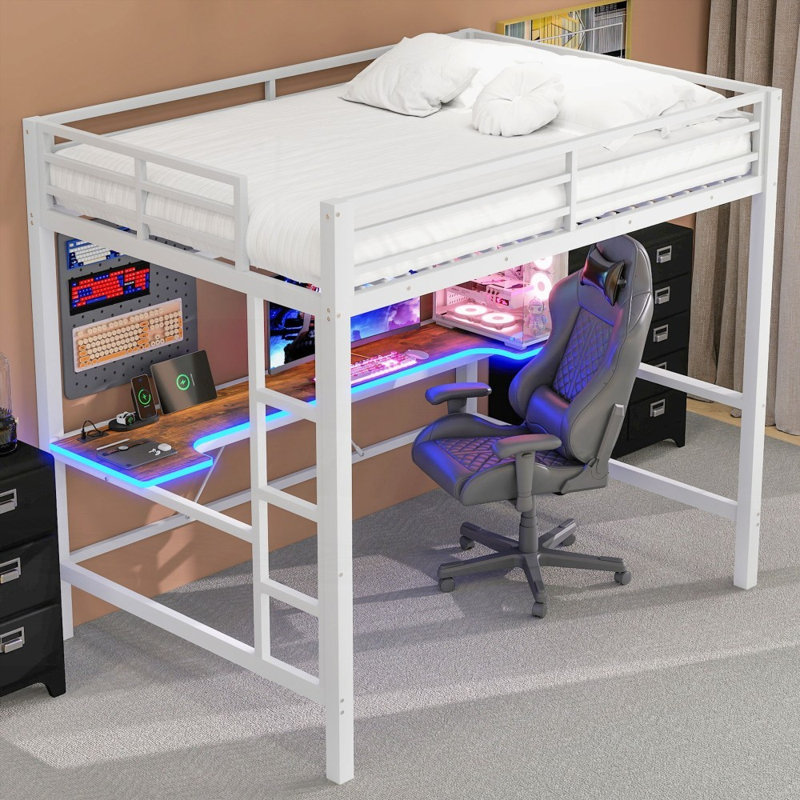 Structure de lit mezzanine en métal pleine grandeur avec lumière DEL, station de charge USB et bureau - aucun sommier nécessaire, solide et durable