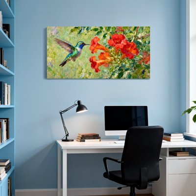 Animals Hummingbird Feeding On Vibrant Red Flowers