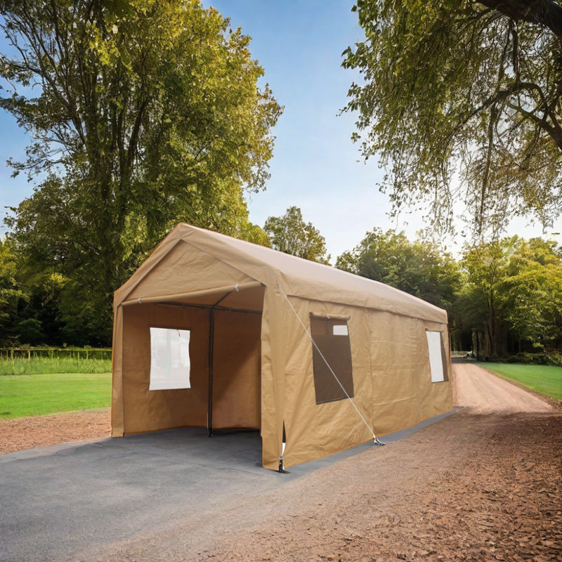 12' x 20' Sand Portable Carport with Windows and Rolling Door