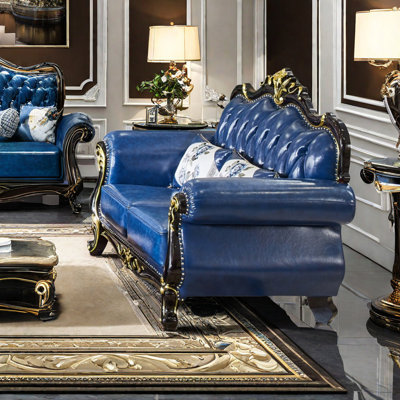 Solid Wood Carved European-style Sofa 62.99'' Leather Loveseat