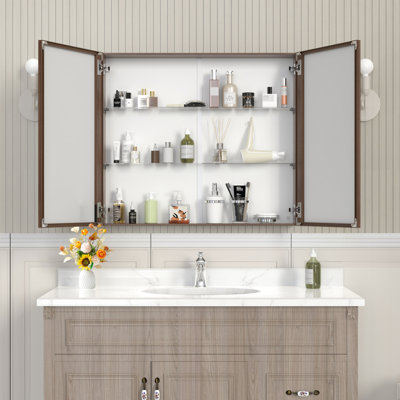 Miroir de rangement mural pour salle de bain 32 * 28 avec tablette réglable et grande capacité, alliage d'aluminium, jaune + corail, corrosion, tablettes d'armoire à fonctionnement silencieux, cadre, capacité de rangement, charnières