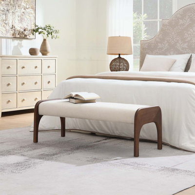 Banc long rembourré en chenille de 50,25 pouces avec tissu doux et pieds en bois d'hévéa robustes pour un usage domestique polyvalent, beige