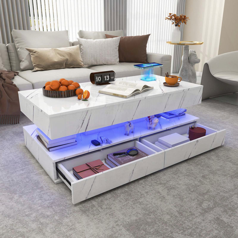 LED Coffee Table with Wireless Charging, Bluetooth Speaker, and Storage – White