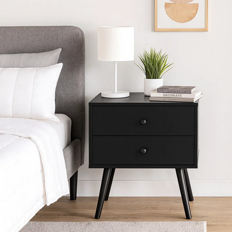 Table de bout avec table de chevet Lera, 2 tiroirs, pieds évasés, noir 19 po, Noir