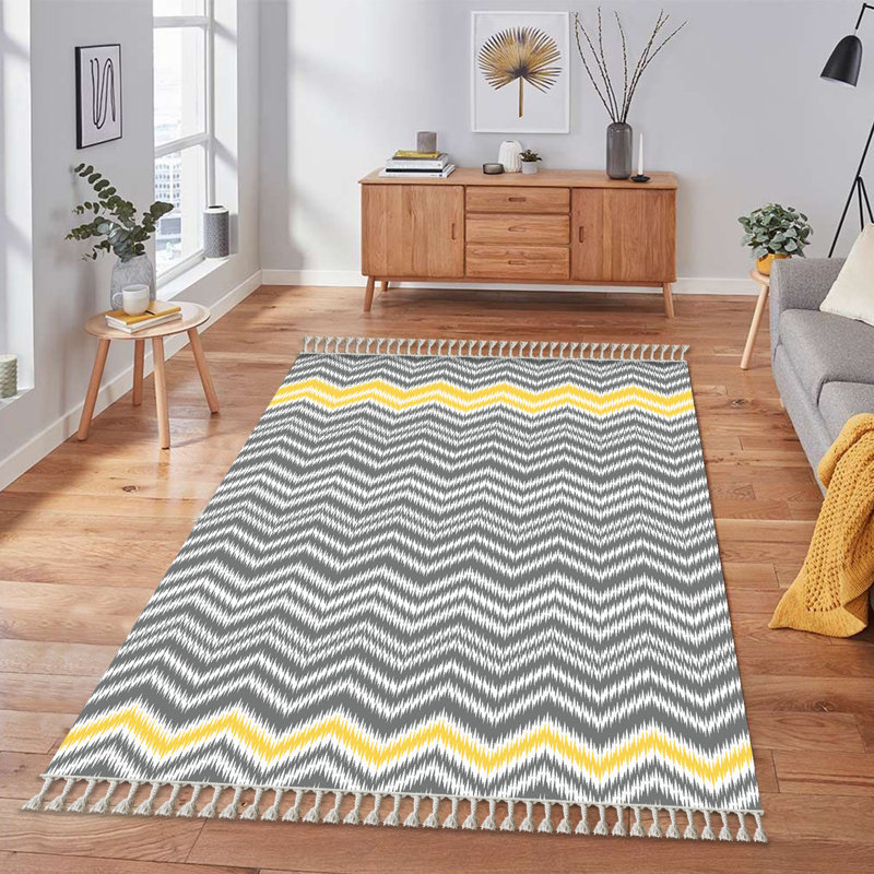Tapis à chevrons en coton tissé à la machine en jaune / gris, Rectangle 3 pi 3 po x 4 pi 11 po
