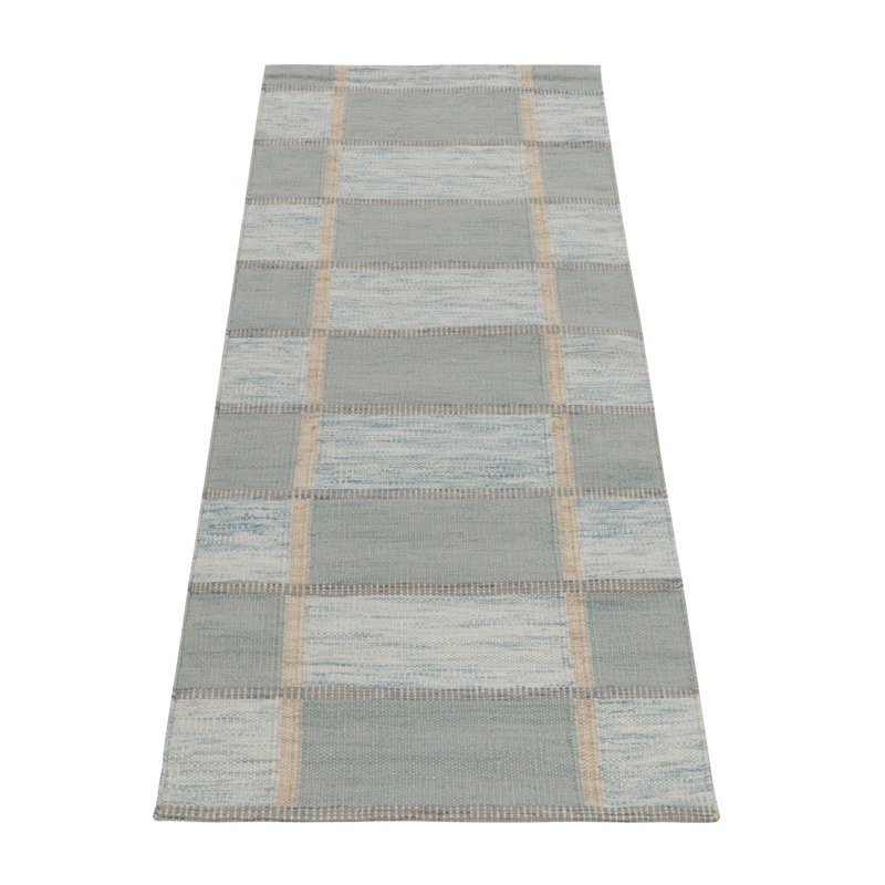 Scandinavian Hand Knotted Wool Geometric Area Rug, Runner 3' x 12'