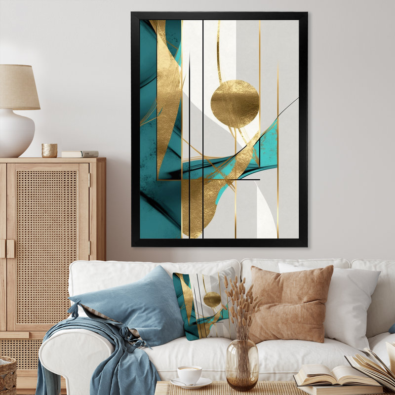 Pleine lune or et turquoise minimalisme sur toile, H 32 po x l 16 po x P 1 po, Cadre simple noir