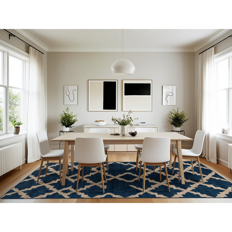Machine Washable Trellis Blue Area Rug, Rectangle 7' x 10'