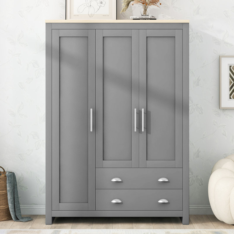  Armoire-penderie 3 portes avec tringles de suspension et système de tablettes réglables, gris