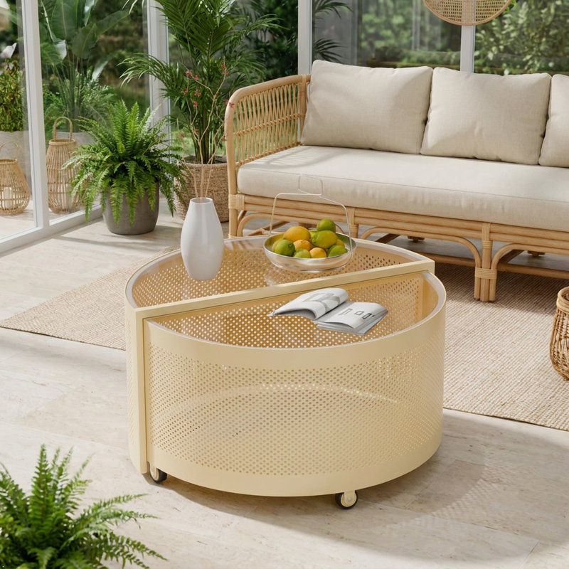 Modern Rotating Coffee Table with Tempered Glass top tabletop and Storage, Spinning Round Accent Table with Dual Layer Design for Living Room, Bedroom