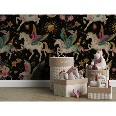 Motif de papier peint pour enfants Pégase Céleste Sombre, Licorne et Fleurs
