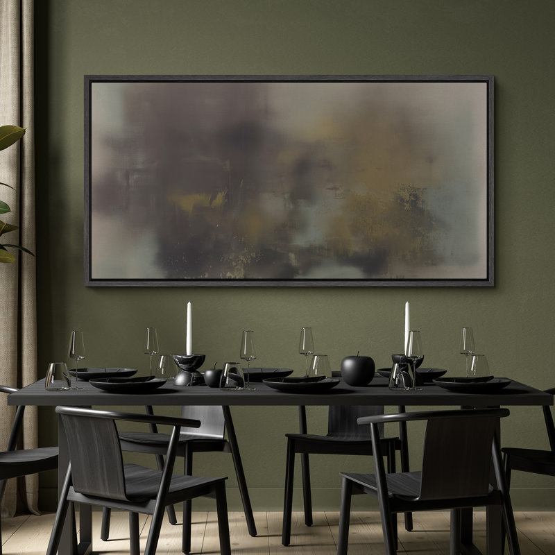«Moody Neutral Abstract Landscape in Grey Blue and Ochre Tones», reproduction d'art sur toile encadrée, Noir