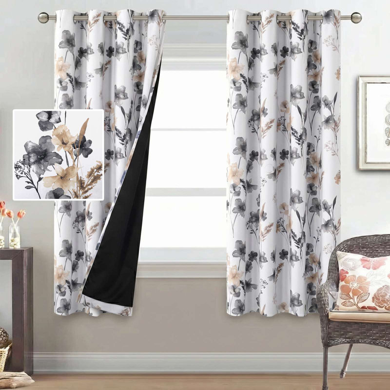 Rideau 100% occultant à motif floral Peshy, L 63 po x l 52 po, Bleu sarcelle / Gris