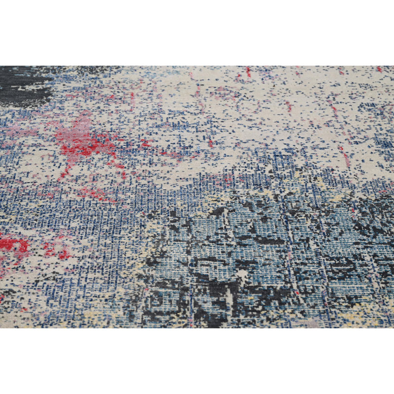 Tapis gris / rouge / bleu noué à la main de haute qualité, Rectangle 9 pi x 12 pi