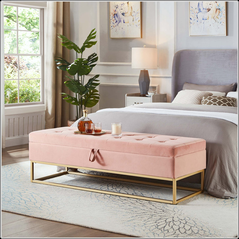 Banc de rangement en velours 58,6 po avec base en métal et plateau capitonné, Pink, Rose, Gold