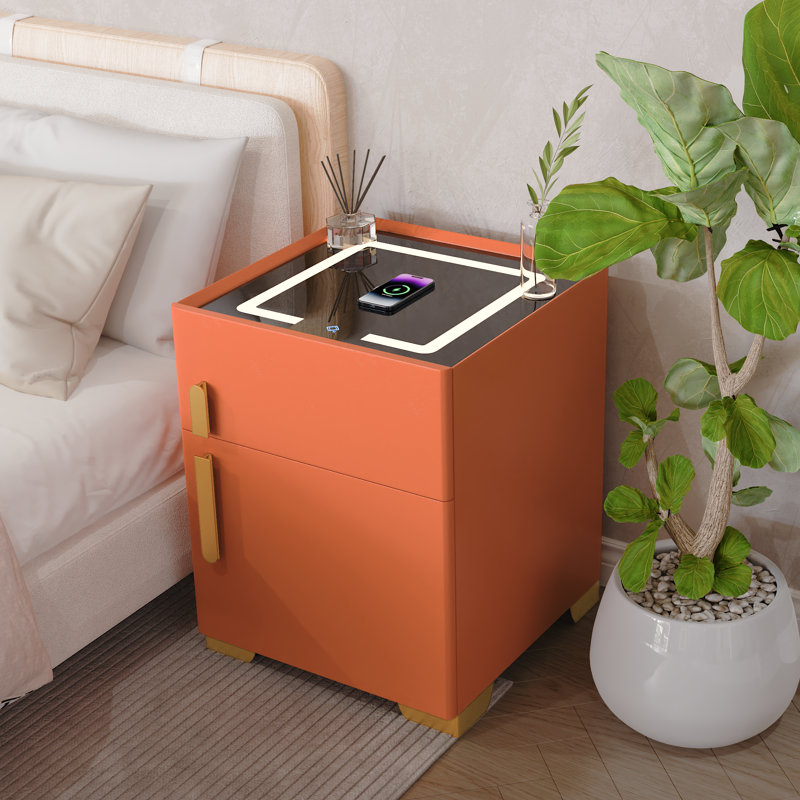 Modern 1 - Drawer Nightstand With Safe Case, Wireless Charging & Led Light (pre-assembled), Orange