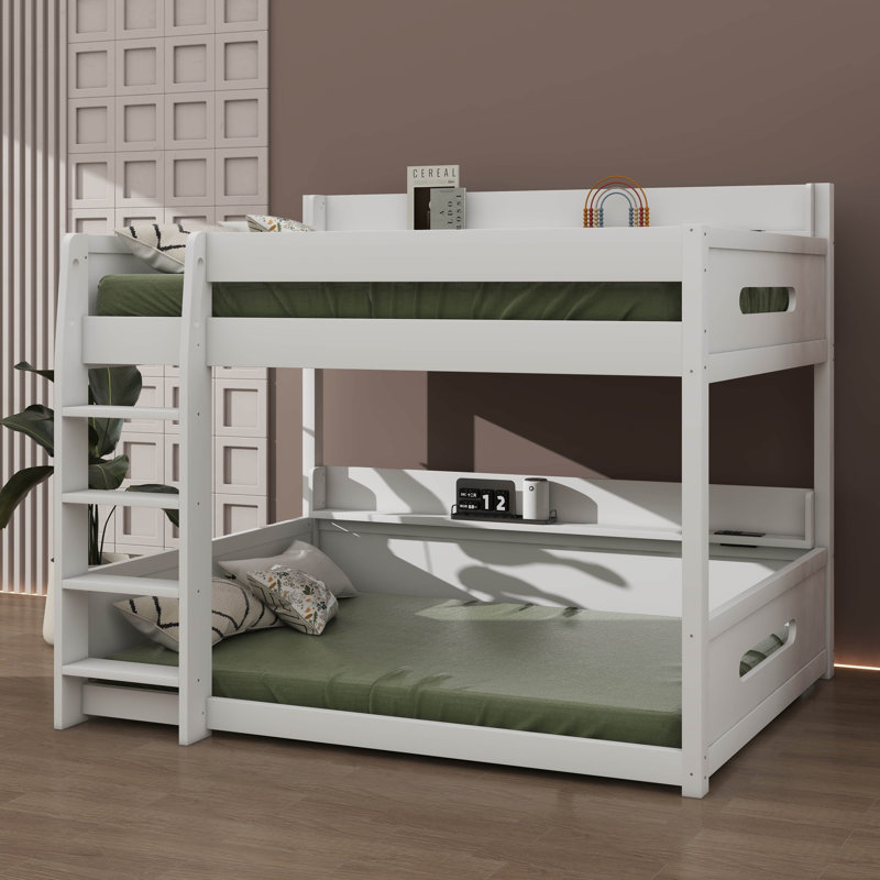 Lit superposé grand sur grand avec tablettes de rangement et ports de charge USB, Blanc