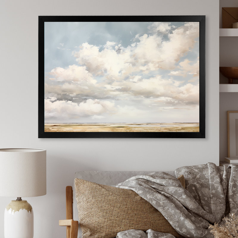 Nuage blanc paysage minimaliste - décoration murale nuages, H 34 po x l 44 po x P 1,5 po, Cadre noir