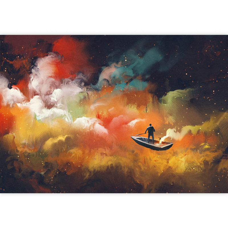 «Man on a Boat in The Outer Space» avec un grand papier peint autocollant amovible coloré, L 66 po x l 96 po