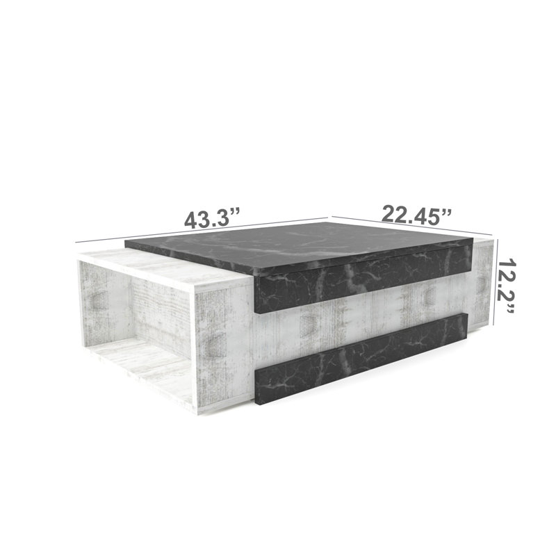 Aksha Floor Shelf Coffee Table with Storage, Black Marble Top/Crystal Base