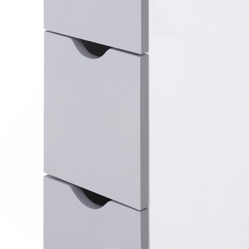 Grande armoire de rangement autoportante pour salle de bain avec tiroirs à tablettes ouvertes et fixation murale sécurisée