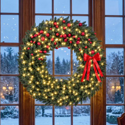Couronne de Noël verte 48 po avec boucles rouges et 200 lumières blanches chaudes pour la décoration des fêtes