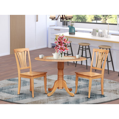 3 Piece Dining Room Furniture Set Contains a Round Kitchen Table with Dropleaf and 2 Dining Chairs, Oak