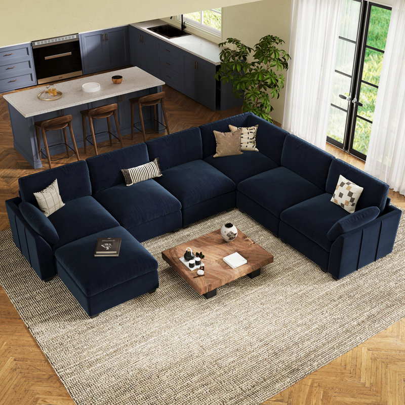 Grand canapé modulaire en forme de U de 137,8 pouces Caryn, Velours bleu