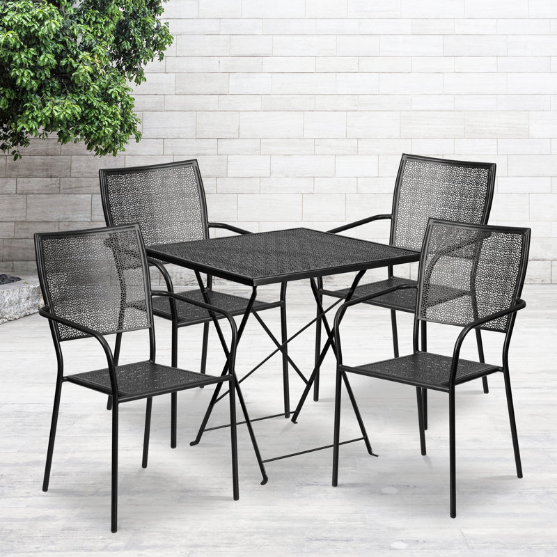 Black Steel Square Indoor-Outdoor Folding Patio Table Set with 4 Stacking Arm Chairs