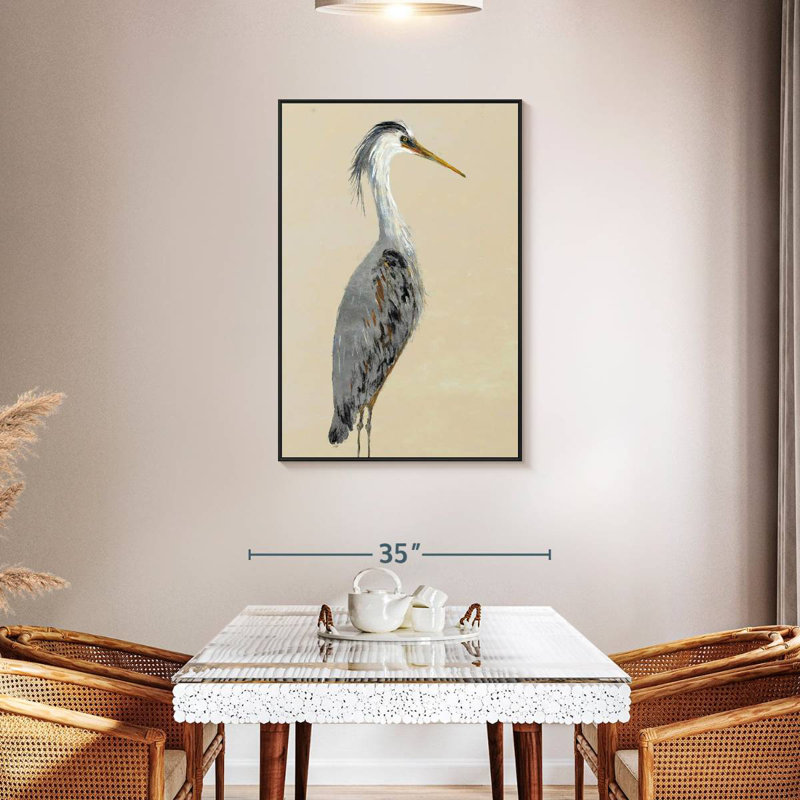 Héron sur brun clair I, Cadre flottant noir, 29 po x 43 po
