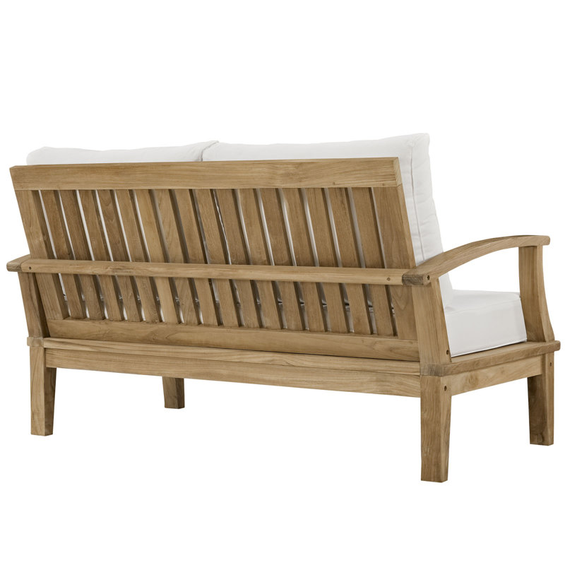 Natural Teak Wood Patio Loveseat with White Cushions