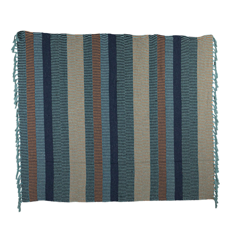 Quilted Throw Blanket, Blue/Cream/Brown Striped