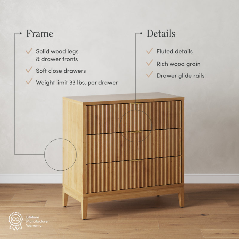 Carrera 3-Drawer Dresser With Solid Wood Frame And Fluted Details, Warm Pine
