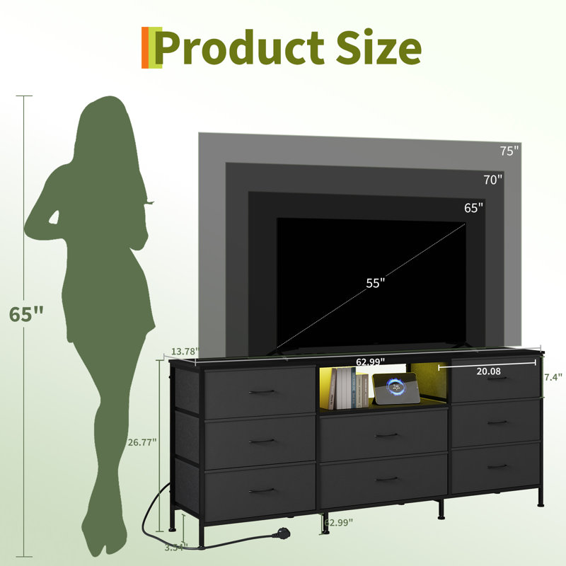 159.99 cm W Chest of 8 Drawers, Gray