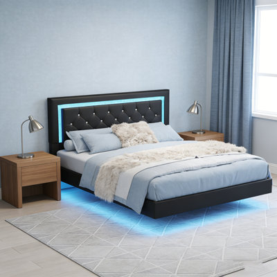Cadre de lit plateforme flottant avec lumières DEL et tête de lit capitonnée à losanges, lit à profil bas moderne sans sommier, cadre de lit facile à installer pour la chambre à coucher