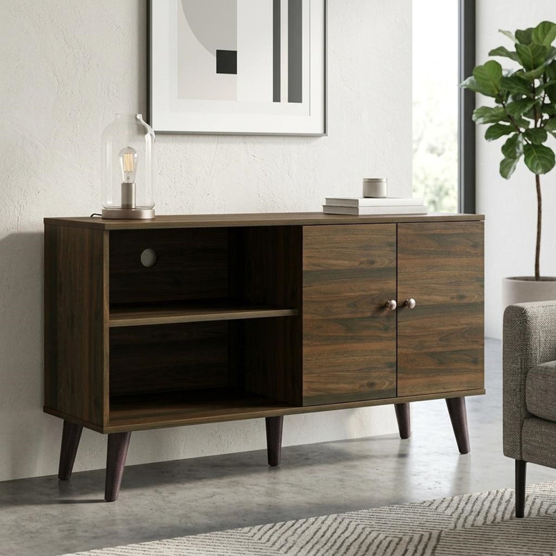 Meuble télé moderne pour téléviseurs jusqu'à 47 pouces, centre multimédia avec placard, deux étagères de rangement et système de gestion des câbles, noyer