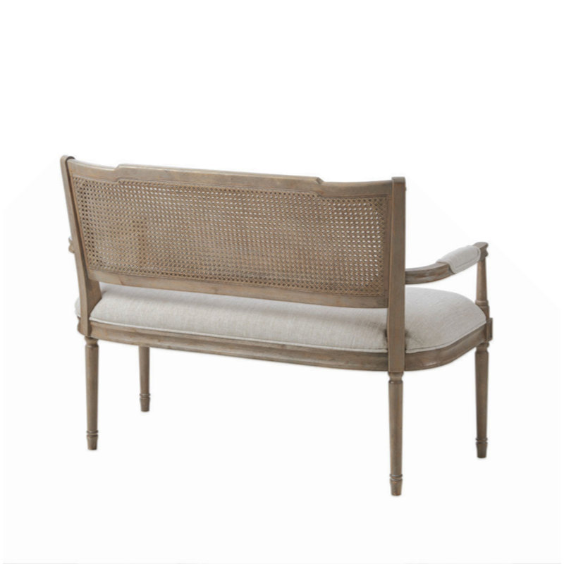 Beige Faux Leather Chesterfield Settee with Rattan Backrest