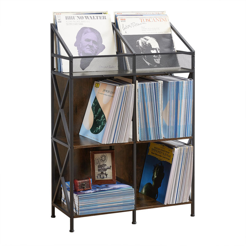 Brown and Black MDF Wood Vinyl Record Display Table with Steel Frame