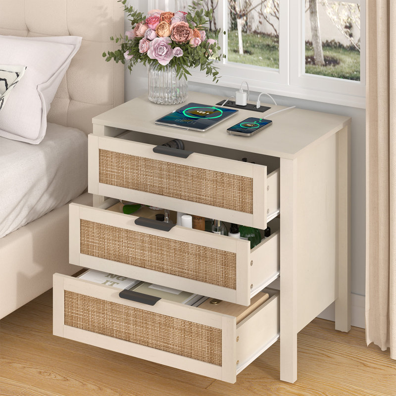 26.4'' W 3-Drawer Boho-Style Nightstand with Charging Station, White