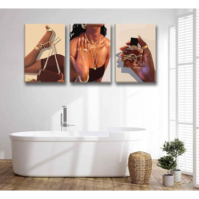 3Pcs Black Girl Wall Art African American Canvas Woman Pictures Fashion Girl Abstract Posters Prints Boho Black Female Paintings For Nordic Minimalist Room Bedroom Wall Decor Framed