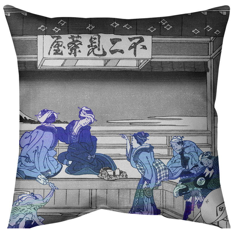 Coussin Katsushika Hokusai Yoshida at Tokaido, 14 po x 14 po, Bleu, Sergé de coton