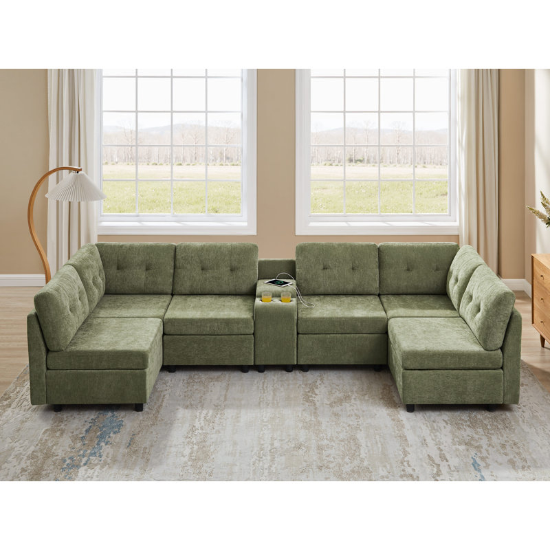 Chenille Upholstered Sectional Sofa With Storage Console, Green Polyester