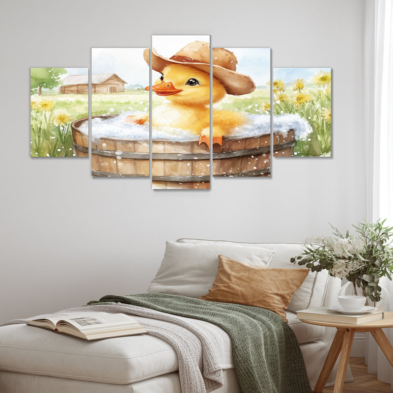 Mignon canard avec un chapeau de cowboy prenant un bain de ferme II - Ensemble de décoration murale de salle de bain