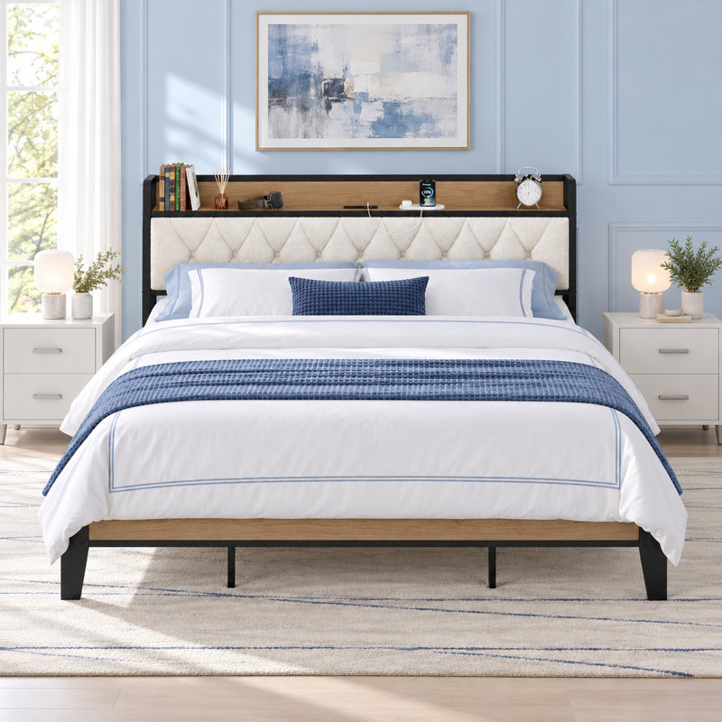 King Size Bed Frame with Headboard and Charging Station, King, Wood