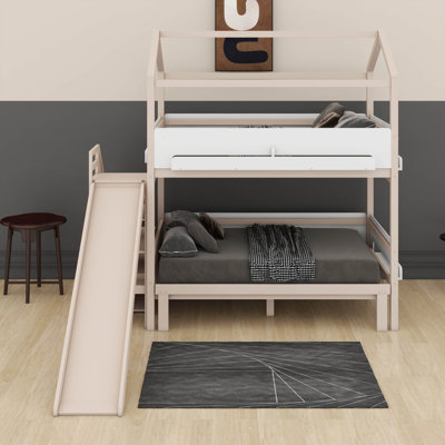 Lit superposé en forme de maison avec glissade et escalier de rangement, cadre de lit superposé en bois avec garde-corps avec tablettes de présentation