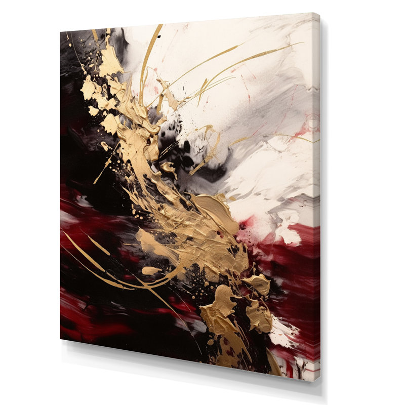 Or et fluide rouge fusion I - art mural abstrait, Sans cadre, H 44 po x l 34 po, Toile tendue