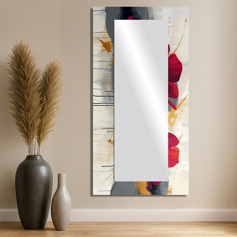 Fleurs blanches et rouges sur fond de prairies - miroir mural floral - imprimé sur métal, 28 po x 55 po