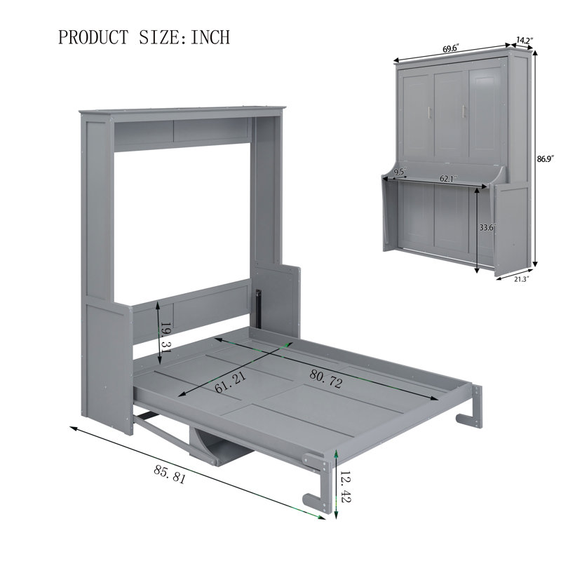 Queen Size Murphy Bed With A Shelf, Gray
