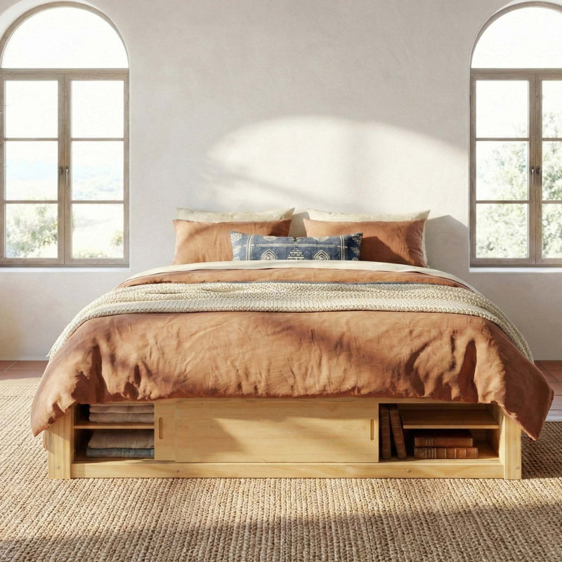 Structure de lit plateforme grand format avec 4 tiroirs de rangement et un casier de rangement au pied de lit, sans tête de lit, design moderne et peu encombrant - naturel